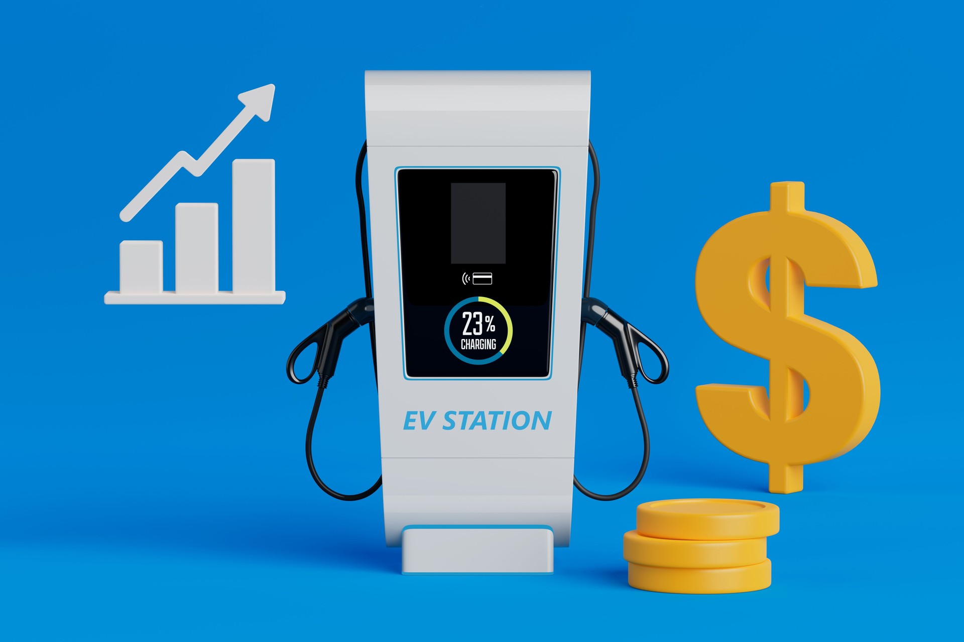Electric Vehicle Investment Concept. Charging Station With Dollar Symbol, Coins And Growth Chart. 3d Rendering